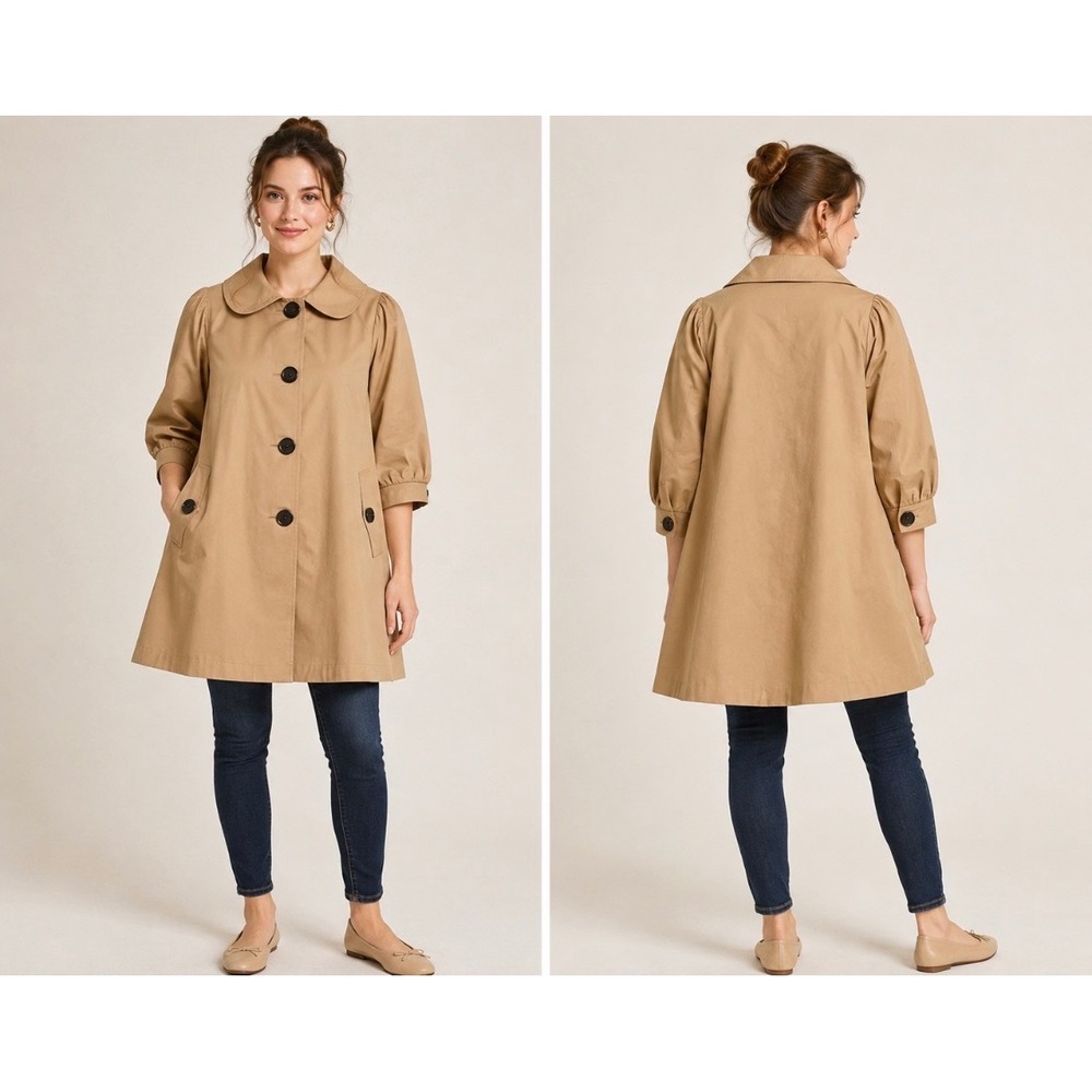 Hazel Anthropologie Beige Swing Coat Balloon Sleeve Peter Pan Collar Medium NWOT